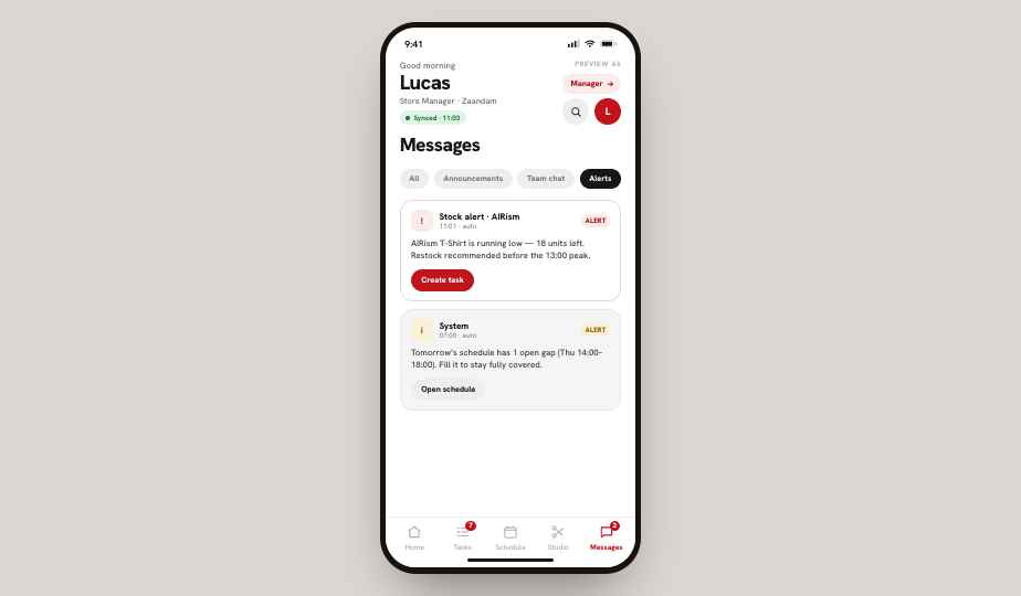 Centralized alerts surface stock and schedule issues in one place, each with a direct action to resolve it.