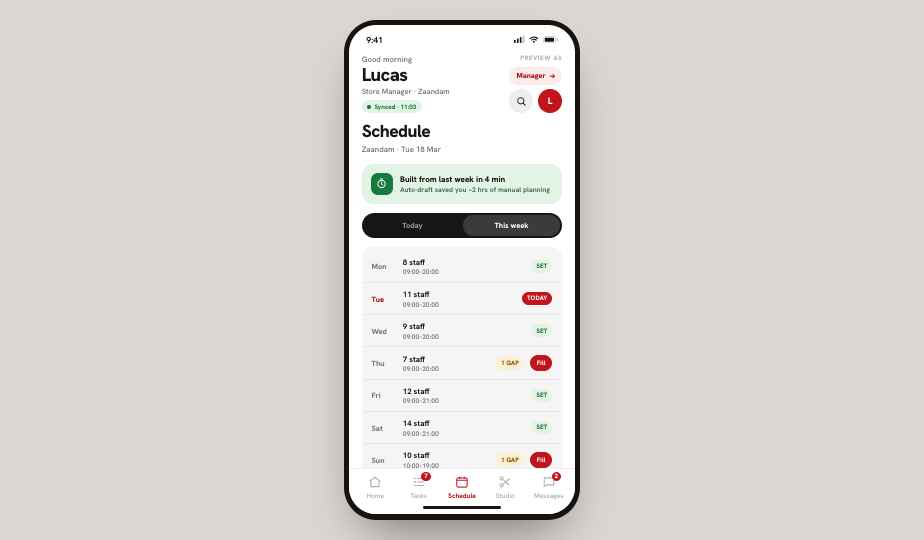 The Planning Module auto-drafts next week's schedule from historical sales and staffing patterns, turning hours of manual rostering into a quick review.