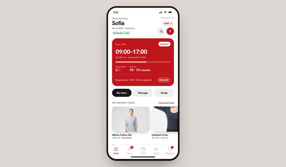 The same system from the staff side: shift progress, today's tasks, and a one-tap clock-out. The second of two audiences.